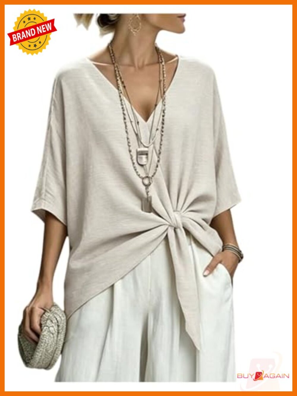Womens Oversized VNeck Twist Knot Asymmetrical Tunic Blouse